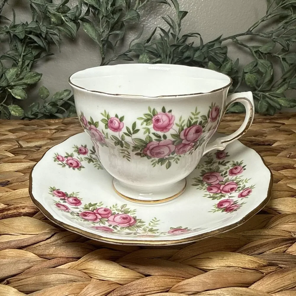 Royal Vale Bone China Teacup Saucer Pink Roses Gold England Floral Vintage